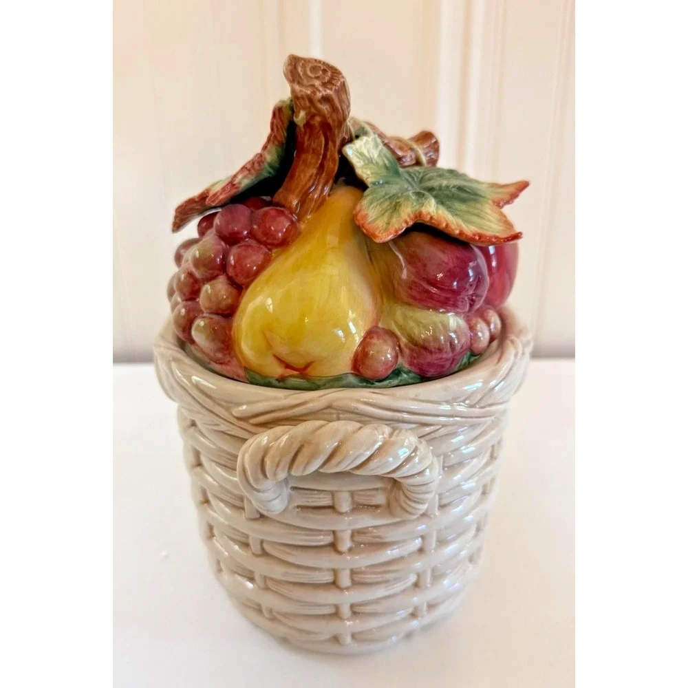 Fitz‎ And Floyd Country Gourmet Biscuit Jar Fruit Basket Cookie Lidded With Box